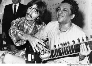The great sitar master Ravi Shankar and his most famous student to the left, Beatles guitarist George Harrison