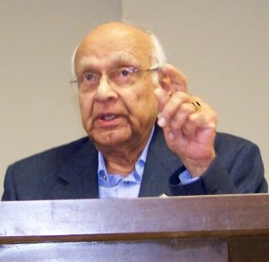 Veteran Welland area pediatrician Dr. Rau Sabnavis speaks at rally. Photo by Doug Draper