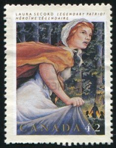 This stamp, part of a series for honouring famous Canadian women, was issued by Canada Post in 1992. It reads; 'Laura Secord, Lengendary Patriot' and depicts her on her June 1813 walk into history.