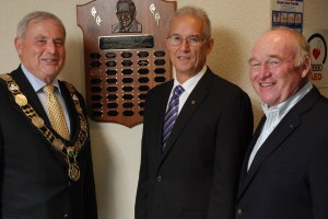Niagara, Ontario's Regional Chair Gary Burroughs with humanitarian award recipient Robert Mahony (middle) and St. Catharines Regional Councillor Tim Rigby at right.