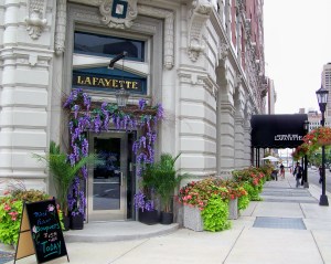 The entrance to newly renovated Lafayette Hotel, a century old gem in Buffalo, New York, designed by Louise Bethune. Photo by Doug Draper