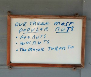 This sign graced the front door of a very popular retail shop on Cape Cod as this dispatch was posted, proving , once again, that you can run but you could not hide from the madness of Rob Ford. Photo courtesy of Claudia Farber.