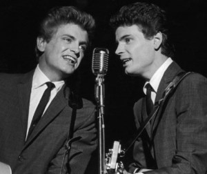 The Everly Brothers, with Phil at left, in action on blending those trademark voices.