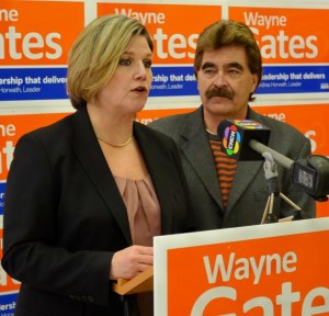 Ontario NDP leader Andrea Horwath and her party's NDP candidate in the Niagara Falls riding, Wayne Gates