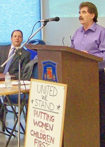Wayne Gates speaks at rally in Welland last year to save hospital services in south Niagara. Niagara Falls Mayor Jim Diodati, another speaker at the rally, looks on at left.