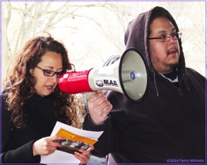 A speaker from the Mohawk community pleads for justice at the Niagara rally. Photo by Terry Nicholls