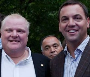 Toronto Mayor Rob Ford with Ontario Tory leader Tim Hudak at 'Ford Fest' barbecue a few years ago. Hudak has more recently distanced himself. What fairweather friends.