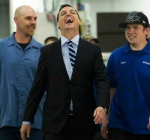 Tim Hudak yukking it up at a recent campaign stop in a meat packing plant in his home west Niagara riding.