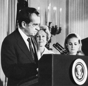 Richard Nixon, accompanied by his wife Pat and one of his daughters, Tricia, speaks at White House one more time before resignin the U.S. presidency in August, 1974