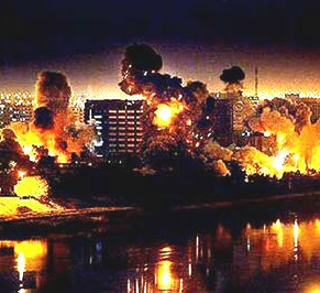 The 2003 'shock and awe' bombing of Iraq, delivered by a Bush/Cheney administration that frightened the western world with stories about weapons of mass destruction and 'mushroom clouds' over America