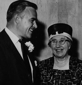 Ontario Premier John Robarts with Flora Egerten celebrating in 1963, celebrating the soon-to-be launched Brock University in Niagara, Ontario