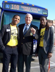 Niagara Regional Chair Gary Burroughs, middle, take a ride on the bus with Brock University stdent unin rep. Kyle Rose, left, and Niagara Callege student council rep.l Shane Malcolm early this October in support f a region-wide transit system. Photo by Doug Draper