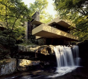 Frank Lloyd Wright's Fallingwater - an iconic residential home in a wooded area in rural Pennsylvania.