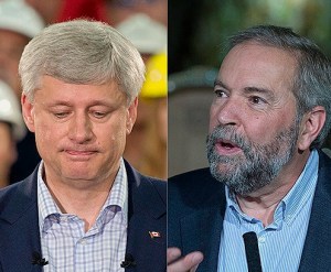 Canada's NDP Leader Tom Mulcair (right) says there's no way he'd go for any post-election propping up of Stephen Harper