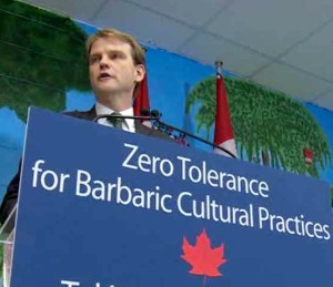 Harper's Minister of Citizenship and Immigration Chris Alexander stands up for 'Canadian values' and against what his party calls 'barbaric cultural practicies'.
