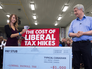 Stephen Harper in the Toronto, Ontario area, using what looks to critics like a game show shtick to claim that a federal Liberal government would hike taxes to pick the pockets of average Canadians.