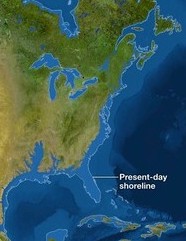 This is a portion of a map of eastern regions of Canada and the United States, featured in National Geographic with a 2013 article titled 'Rising Seas', showing shore areas that will disappear if all the earth's ice caps completely melt away. Click on image to enlarge.