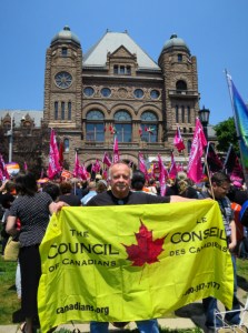 Members of Council of Canadians citizen group at Queen's Park, protesting Hydro One sell-off