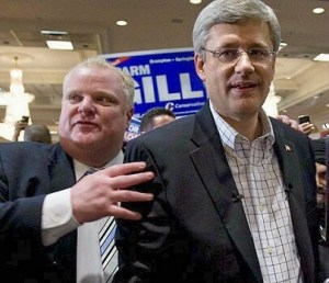 Canadian Prime Minister Stephen Harper and then-Toronto Mayor Rob Ford during more up times for both during the 2011federal election. Fort and his brother Doug are out cheering Harper again during the last days of this election.