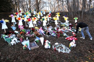 A roadside memorial to about 20 five and six year old children massacred by a shooter in their school two years ago in Newtown, Connecticut.