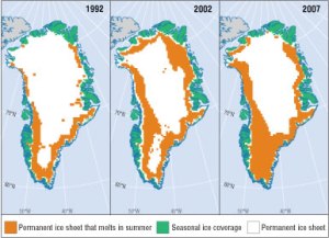 These maps show the extent of the ice sheet (in white) on Greenland melting back over the last few decades