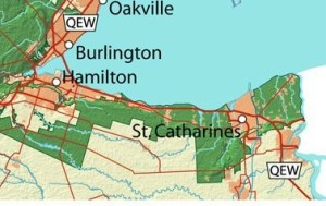 The green area on this map highlights the Niagara lands within Ontario's protected Greenbelt circling Lake Ontario and the Greater Golden Horseshoe. In Niagara, low-density sprawl, sanctioned by municipal governments, is pressing right up against the boundaries of these protected lands.