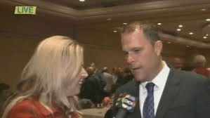 CHCH TV reporter interviewing St. Catharines Mayor-elect Water Sendzik on municipal election night 2014. She along with dozens of others were let go by the Hamilton station this past Decemeber, significantly reducing its resources for covering regional news