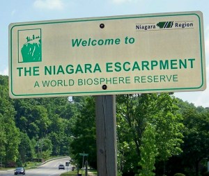 One of many signs in the Niagara, Ontario area, welcoming people to the Escarpment area as a designated 'World Biosphere