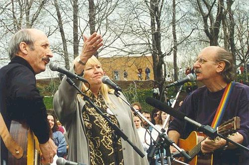 Peter, Paul & Mary lead thousands in singing 'If I Had A Hammer' and "Where Have All The Flowers Gone" at a 25th commemoration gathering in 1995 at Kent State University 