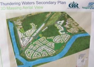 An overview image of the Thundering Waters development project, displayed at a recent public information meeting in Niagara Falls, Ontario where the massive development would go