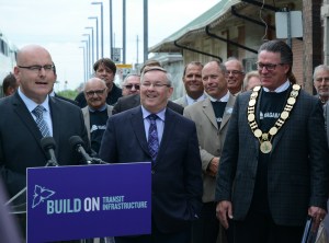 Ontario Transportation Minister Steven Del Duca (left) with St. Catharines MPP Jim Bradley and Niagara regional chair Allan Caslin at June 28th Go Train announcement.