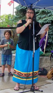 Celeste Smith delivers statement at rally to save Thundering Wates Forest in Niagara Falls, Ontario. Photo by Doug Draper