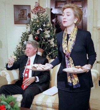 Hillary Clinton, bowing to calls from opponents that as First Lady in 1993, she should be baking cookies, not working with her president/husband on health care policies.
