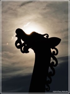 The finally carved dragon head looming over the bow of the Draken Harold Harfagre. Photo by Terry Nicholls