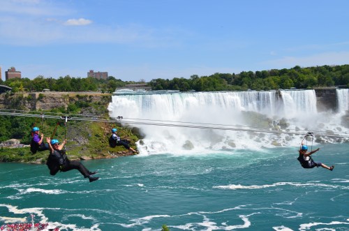 The first four riders, including John Lohuis NPC General Manager in red, Tom Benson from WildPlay Element Parks from BC, Chris Hawkswell and Joe DiCosimo from WildPlay Niagara Falls.