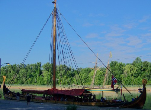 The Viking ship Draken Harald Harfagre with the Pride of Baltimore II in the background.