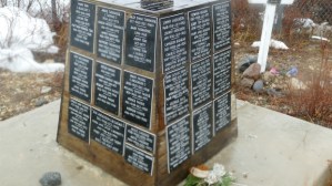 A monument at a cemetery in Churchill, Manitoba with the names on it of the many indigenous people who died after a forced move from their homes by the Canadian government in 1956.