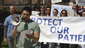 Doctors and patients rally for health care in from of Queen's Park legislative building in Toronto this spring