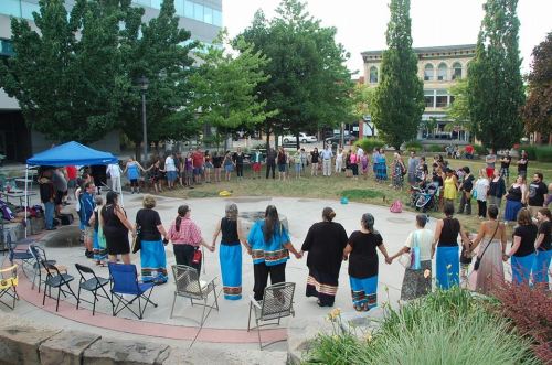A rally that members of Niagara's indigenous community hosted in front of Niagara Falls City Hall this July. File photo by Doug Draper