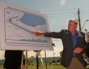 Then Ontario Tory premier Mike Harris stumping for mid-pen highway way back 15 years ago.