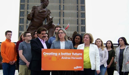 Ontario NDP Leader Andrea Horwth,, flanked by Niagara representatives Wayne Gates and Cindy Forster, and a gathering of Brock University students, announces pledge to eliminate interest from student loans if her party wins 2018 provincial election.