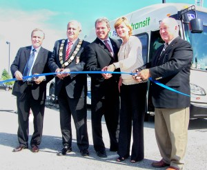 Since Niagara's inter-municipal bus system was launched as a starter "pilot" project five years ago, not much has evolved except for the fares. They have gone up. Niagara Region's former public works commissioner Ken Brothers,former Niagara Regional chair Gary Burroughs, former Port Colborne mayor Vance Badawey, former Grimsby regional councillor Debbie Zimmerman and St. Catharines regional councillor Tim Rigby do the ribbon cutting for inter-municipal bus launch in September, 2011. 
