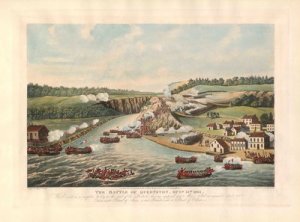 An iconic painting by Thomas Sutherland of U.S. troop crossing Niagara River in October, 1813 to do battle on Queenston Heights. The American troops were eventually forced to retreat back across the river.