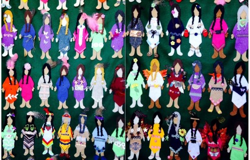 Two panels of faceless dolls in honour of murdered and missing women