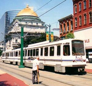 Light rail gliding through heart of downtown Buffalo, New York