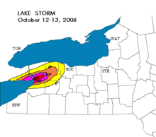 Map shows areas most heavily hit by ice and snow over two days in October 2006. Purple and red zones bore the worst of it.