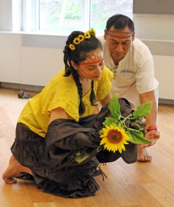Brock University graduate student Heryka Miranda and research partner Juan Luis Mendoza de la Cruz rehearse their performance of The Sunflower Man.
