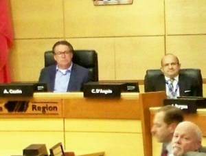 Niagara Regional Chair Al Caslin (left) welcomes new regional CAO to his chair in the council chambers this past fall. File photo by Doug Draper