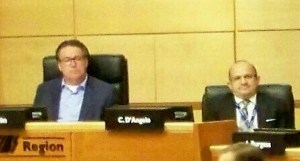 Former NPCA CAO (now Niagara Region CAO) Carmen D'Angelo, sitting to right of Niagara Region's chair Al Caslin in this recent photo, has joined the NPCA in launching a lawsuit against Niagara citizen Ed Smith, who has been pressing for a forensic audit of the NPCA's operations.