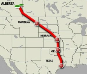 The Keystone pipe's pathway from the tar sands in Alboerta to refineries in Texas